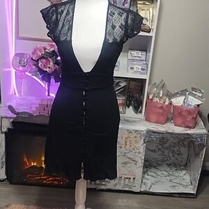 Free People Black Lace V-Neck Button-Front Dress